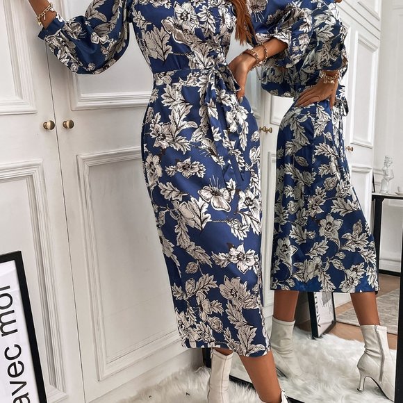 Brand New Floral Bishop Sleeve Belted Fitted Dress Navy - Picture 3 of 6